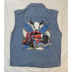 Coast Shirt Mens XL Blue Denim Button Cut‎ Off Sleeves Skull Trucker Print